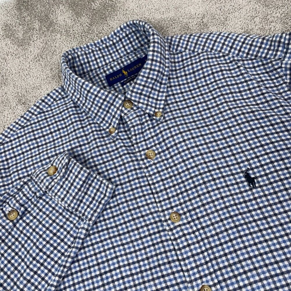 Polo Ralph Lauren Flannel Shirt Men's Size Large Blue Check Classic Fit EUC